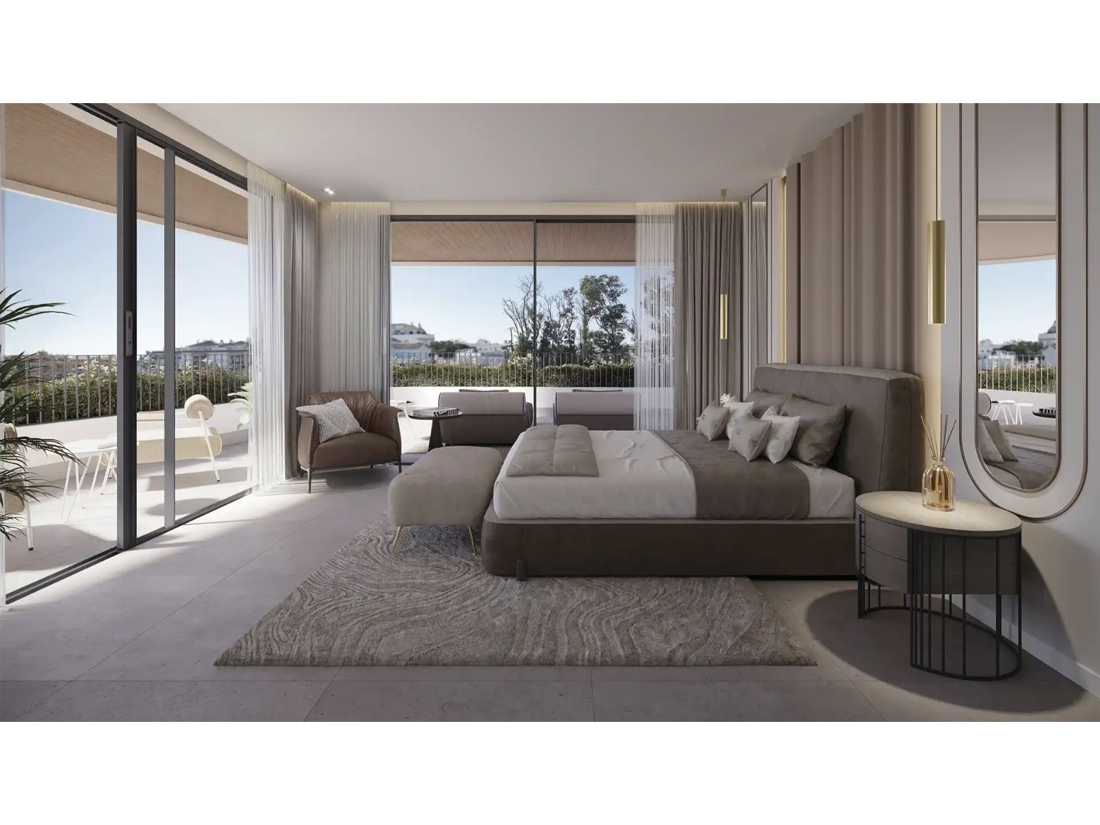 Nowoczesna sypialnia z widokiem na balkon i luksusowe wyposażenie