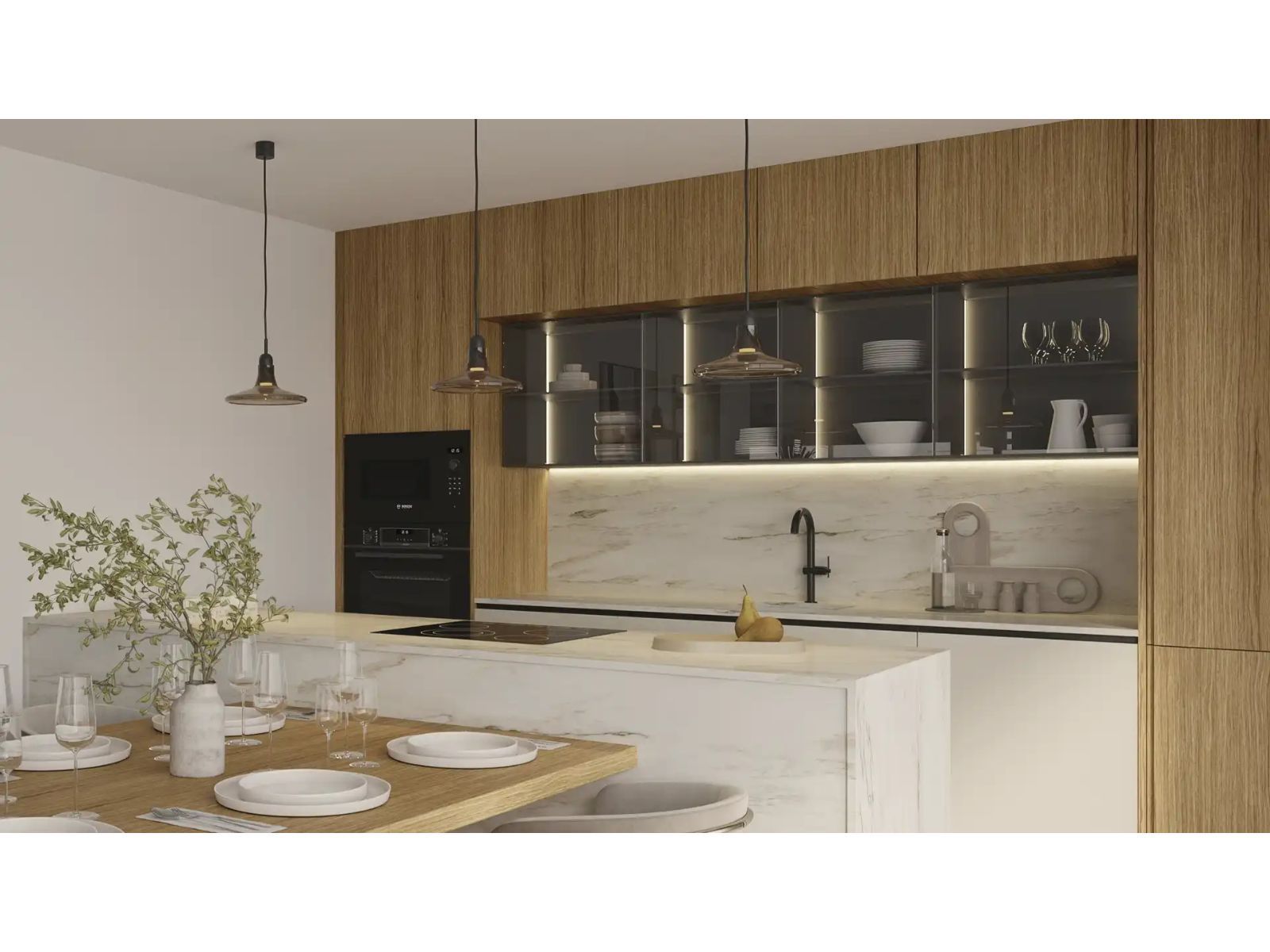 Nowoczesna kuchnia z jadalnią, drewniane szafki i marmurowy blat.