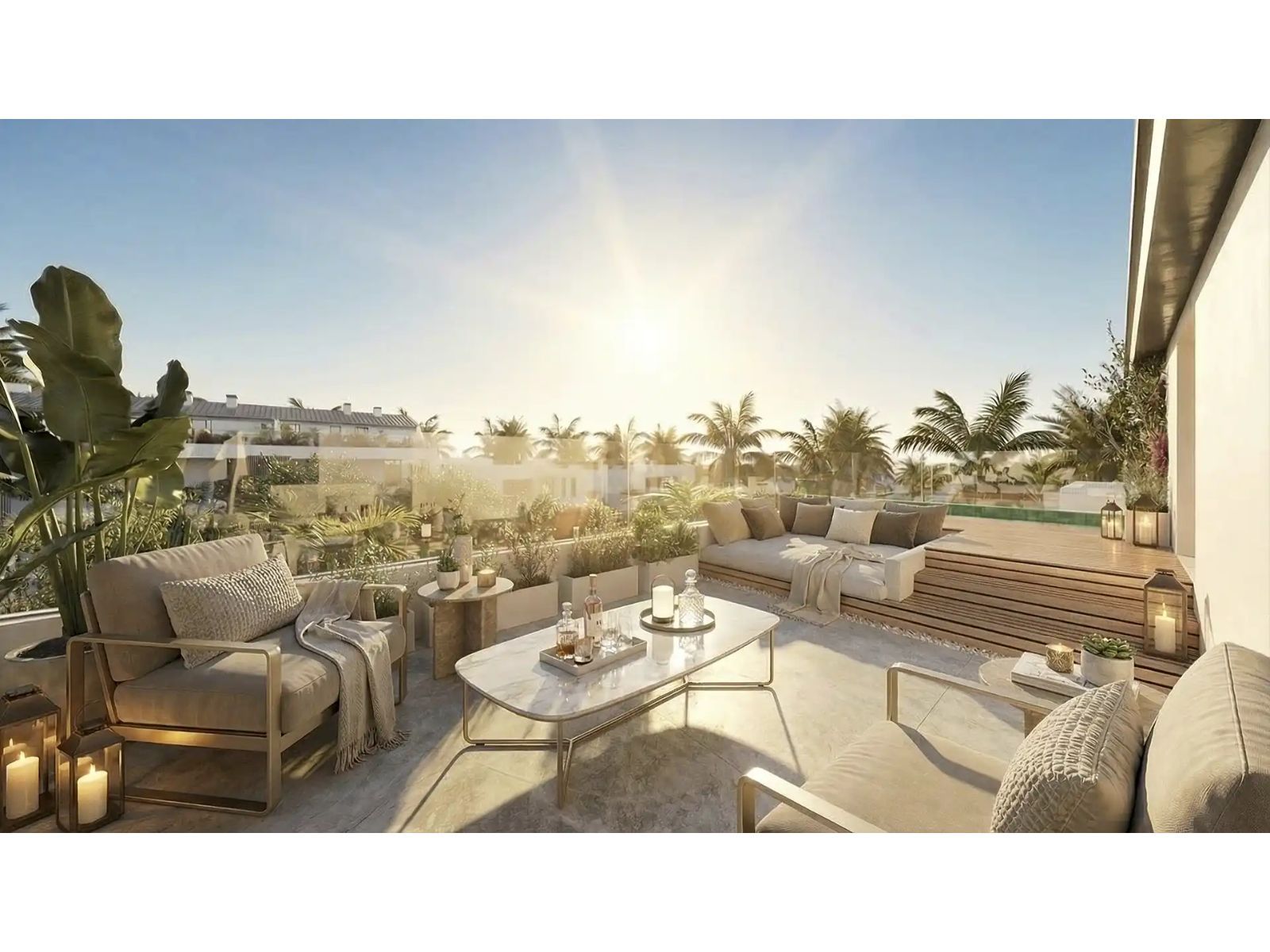 Luksusowy taras w The Grove z widokiem na palmy i słońce.